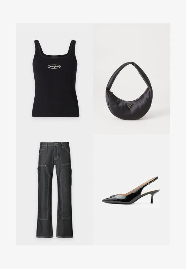 Schwarzes geripptes Tanktop mit quadratischem Ausschnitt und gesticktem "Guess Jeans"-Logo in Weiß. Slim-Fit und glatte Textur.; Dunkelblaue Cargo-Hosen aus Denim mit weißer Kontrastnaht, ausgestattet mit mehreren Taschen und einem schmal zulaufenden Bein-Design. Robustes Material und Metallknopf-Verschluss.; Schwarzer Pumps mit Riemchen aus Lackleder, spitz zulaufender Zehenpartie, kleinem Kitten-Heel und silberner Schnalle auf weißem Hintergrund.; Schwarze Satin-Handtasche mit geschwungener Form, ausgestattet mit einem Reißverschluss und einem dreieckigen Metallsymbol auf der Vorderseite. Glatte Textur und elegantes Design.