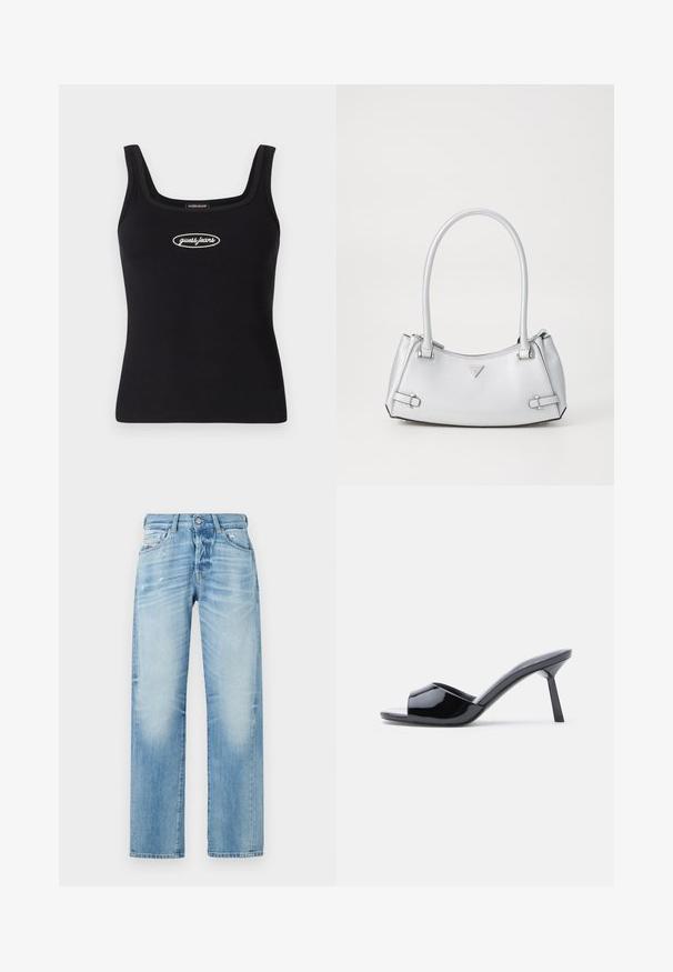 Schwarzes geripptes Tanktop mit quadratischem Ausschnitt und gesticktem "Guess Jeans"-Logo in Weiß. Slim-Fit und glatte Textur.; Hellblaue, weit geschnittene Jeans aus Denim mit einem gefaerbten Finish, leichten Abriebstellen, Fünf-Taschen-Design und einem Knopfverschluss.; Schwarze Sandalen mit Absatz aus Lackleder, offenem Zehenbereich, mit geschwungenem Obermaterial und spitz zulaufendem Stilettoabsatz. Glatte, glänzende Oberfläche.; Silberne Handtasche mit einem strukturierten Design, ausgestattet mit zwei Griffen, glänzender Oberfläche, Akzentbeschlägen und einem dreieckigen Logo auf der Vorderseite.