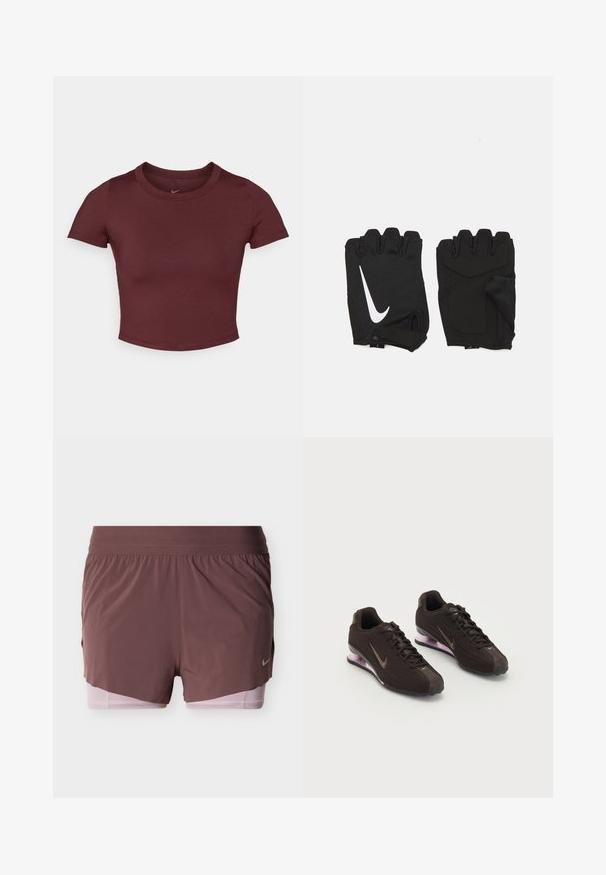 Bordeaux cropped t-shirt gemaakt van gladde rekbare stof. Heeft korte mouwen en een ronde hals, met een subtiele logo op de borst.; Korte broek in diep mauve met een lichtgewicht ontwerp, voorzien van een brede tailleband en een roze binnenvoering. Heeft een klein logodetail aan de zijkant.; Zwarte sportieve schoenen met een gestructureerde bovenkant, bruine accenten en een paarse air-cushion zool. Vetersluiting met opvallende merkvoering.; Zwarte vingerloze fitnesshandschoenen van ademend materiaal, met een wit Nike-logo, gevoerde handpalmen en een open polsontwerp voor flexibiliteit.