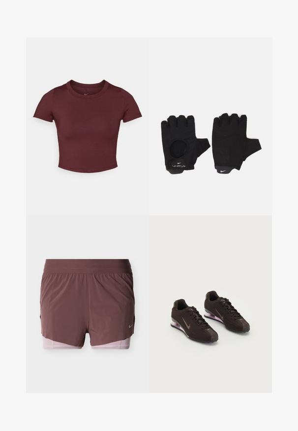 Camiseta corta color burdeos hecha de una tela suave y elástica. Presenta mangas cortas y un cuello redondo, con un logo sutil en el pecho.; Pantalones cortos en malva intenso con un diseño ligero, que cuentan con una cinturilla ancha y un forro interior rosa. Incluyen un pequeño detalle de logo en el lateral.; Zapatillas deportivas negras con parte superior texturizada, detalles en marrón y una suela acolchada de aire en púrpura. Diseño con cordones y marca destacada.; Guantes sin dedos negros con un diseño texturizado. Hechos de un material transpirable, cuentan con un orificio para el pulgar y una palma reforzada para mejorar el agarre.