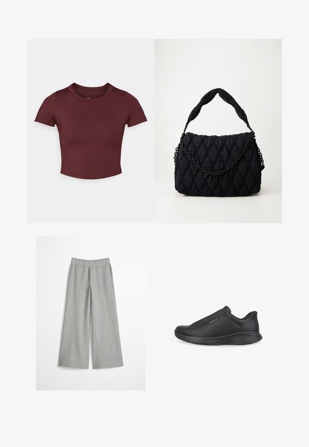 Marónová cropped tričko z hladkej elastickej látky. Má krátke rukávy a okrúhly výstrih, s nenápadným logom na hrudi.; Svetlosivé široké nohavice s elastickým pásom, vyrobené z mäkkej pleteniny, zobrazené na čistom bielom pozadí.; Čierna kožená slip-on obuv s textúrovaným povrchom, zaoblenou špičkou a elastickým zvrškom. Obsahuje hrubú, zakrivenú podrážku pre podporu.; Čierna prešívaná ramenná taška s polstrovanou rukoväťou a dekoratívnym reťazcom s písmenami "DIESEL" na prednej klapke.