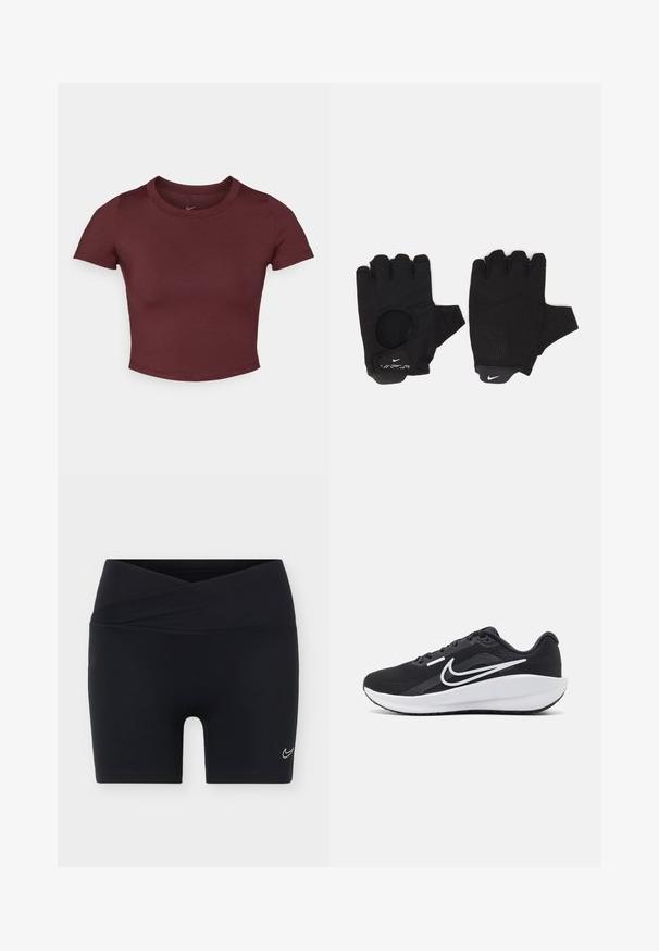 Marónová cropped tričko z hladkej elastickej látky. Má krátke rukávy a okrúhly výstrih, s nenápadným logom na hrudi.; Čierne športové šortky s prekríženým pásom a malým bielym logom Nike swoosh na ľavej nohe na jednoliatom pozadí.; Čierna športová obuv s sieťovinovým zvrškom, bielymi akcentmi, polstrovanou podrážkou a aerodynamickým dizajnom. Disponuje okrúhlou špičkou a plochou podrážkou.; Čierne prstové rukavice bez prstov s textúrovaným dizajnom. Vyrobené z priedušného materiálu, s otvorom na palec a zosilnenou dlaňou pre lepší úchop.