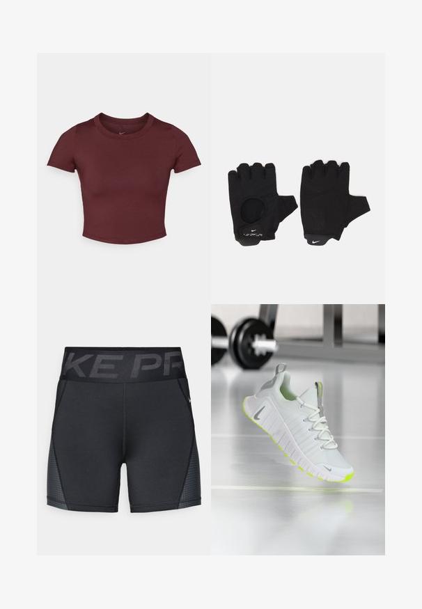 Bordeaux beskåret t-shirt lavet af glat strækstof. Har korte ærmer og rund hals, med et subtilt logo på brystet.; Sorte atletiske shorts lavet af strækbart stof, med en bred talje med "NIKE PRO" logo og subtile strukturerede detaljer langs siderne.; Hvide sportssko med en tekstureret mesh-overdel, en tyk sål med neongule accenter og reflekterende grå detaljer på hælen.; Sorte fingerløse handsker med et tekstureret design. Lavet af et åndbart materiale, med en tommelfingeråbning og forstærket håndflade for bedre greb.