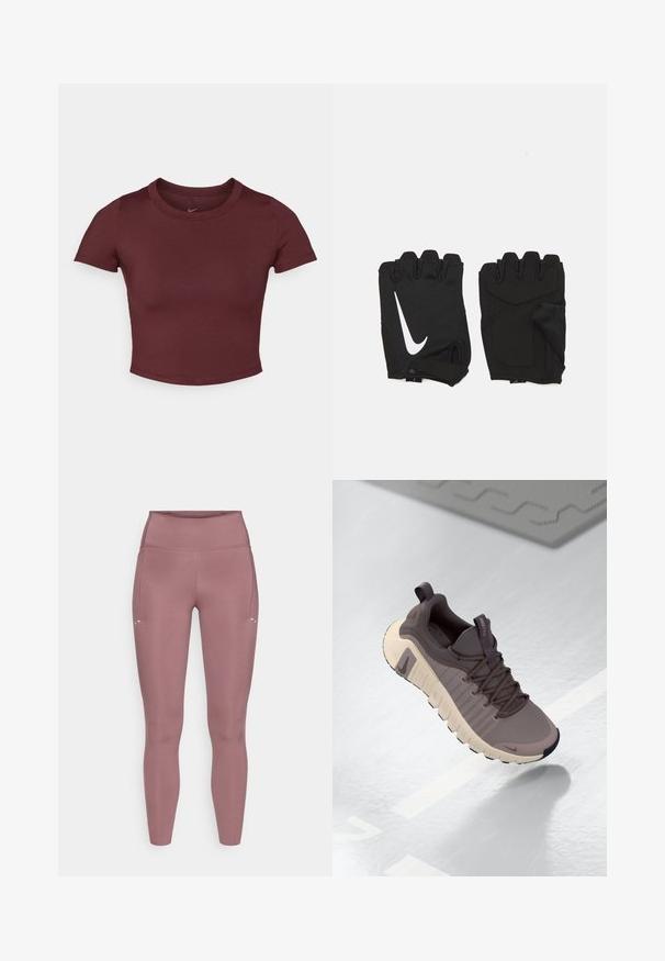 Bordeaux beskåret t-shirt lavet af glat strækstof. Har korte ærmer og rund hals, med et subtilt logo på brystet.; Figursyet, højttaljede leggings i dæmpet rosafarve. Fremstillet af glat, elastisk stof med sidelomme og minimale syningsdetaljer.; Nike Free sneakers i grå og beige, med en tekstureret overdel, fleksibel sål, snøresystem og træksløjfe ved hælen for nem påtagning.; Sorte fingerløse træningshandsker lavet af åndbart stof, med et hvidt Nike-logo, polstrede håndflader og et åbent håndledsdesign for fleksibilitet.