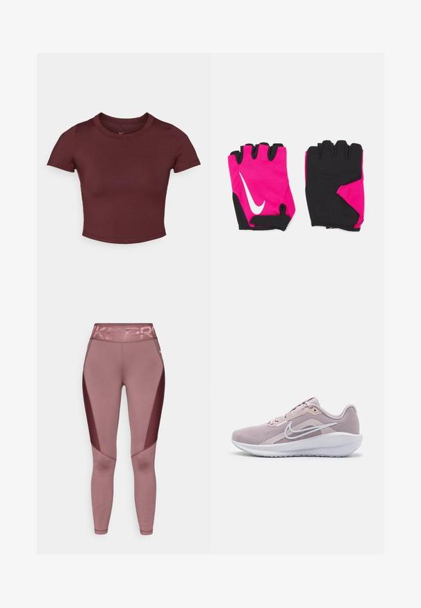 Camiseta corta color burdeos hecha de una tela suave y elástica. Presenta mangas cortas y un cuello redondo, con un logo sutil en el pecho.; Leggings deportivos rosa con una cinturilla alta que presentan "NIKE PRO" en letras brillantes. Los paneles laterales tienen un diseño de malla texturizada.; Zapatilla deportiva de color rosa claro con una parte superior de malla transpirable, acentos blancos, un collar acolchado y una suela de goma texturizada para mayor agarre.; Guantes cortos de color rosa con acentos negros, que presentan un logo blanco de Nike, palmas acolchadas y diseño sin dedos para mejorar el agarre y la flexibilidad.