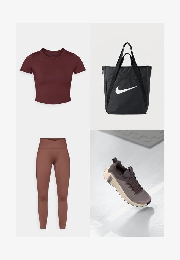 Marónová cropped tričko z hladkej elastickej látky. Má krátke rukávy a okrúhly výstrih, s nenápadným logom na hrudi.; Hnedé legíny s vysokým pásom a hladkou, pružnou textúrou. Majú prekryté pásy a žiadne viditeľné švy. Vhodné na športové nosenie.; Nike Free tenisky v šedých a béžových odtieňoch, s textúrovaným zvrškom, flexibilnou podrážkou, systémom šnurovania a pútkom na päte pre jednoduché obúvanie.; Čierna nylonová taška na rameno s dvomi popruhmi, s veľkým bielym logom Nike, zapínaním na zips a elegantným obdĺžnikovým dizajnom.