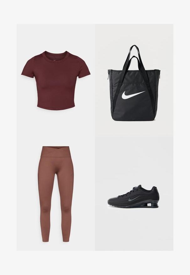 Marónová cropped tričko z hladkej elastickej látky. Má krátke rukávy a okrúhly výstrih, s nenápadným logom na hrudi.; Hnedé legíny s vysokým pásom a hladkou, pružnou textúrou. Majú prekryté pásy a žiadne viditeľné švy. Vhodné na športové nosenie.; Čierne tenisky Nike s textúrovaným zvrškom, elegantným dizajnom, šnurovaním a viditeľnou vzduchovou jednotkou na päte. Minimalistický branding.; Čierna nylonová taška na rameno s dvomi popruhmi, s veľkým bielym logom Nike, zapínaním na zips a elegantným obdĺžnikovým dizajnom.