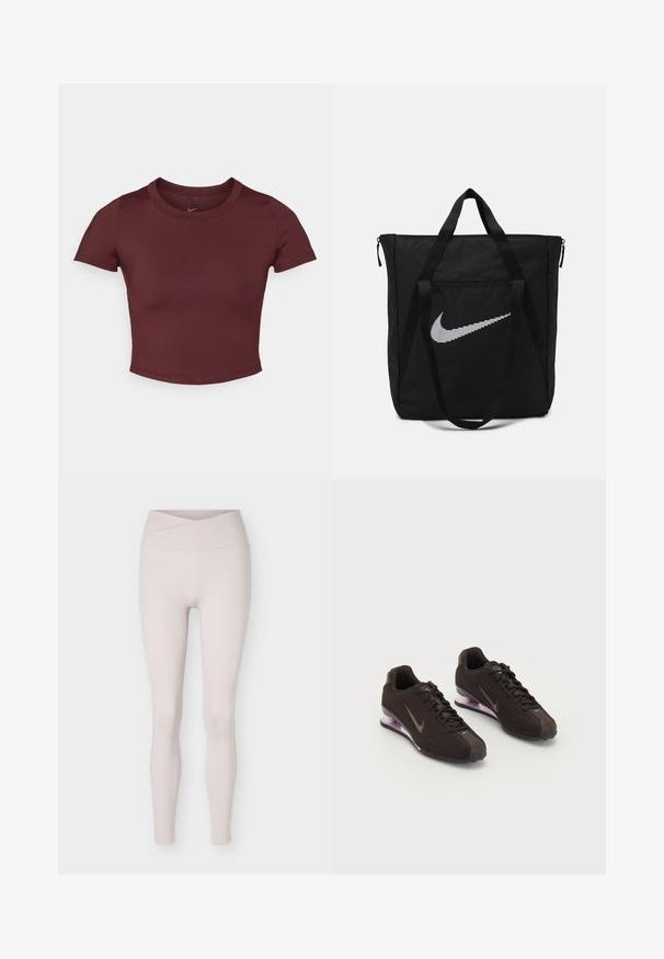 Camiseta corta color burdeos hecha de una tela suave y elástica. Presenta mangas cortas y un cuello redondo, con un logo sutil en el pecho.; Leggings beige claro de talle alto y sin costuras con detalle de cintura cruzada, mostrados planos sobre un fondo blanco.; Zapatillas deportivas negras con parte superior texturizada, detalles en marrón y una suela acolchada de aire en púrpura. Diseño con cordones y marca destacada.; Bolsa tote negra de nailon con dos asas resistentes y cierre de cremallera. Presenta un destacado logo de Nike en blanco con un diseño de rayas horizontales.