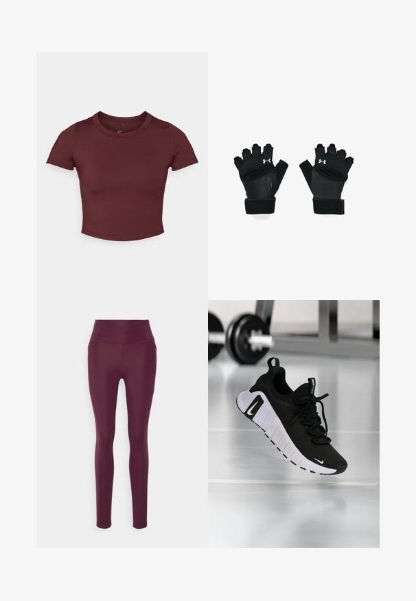 Camiseta corta color burdeos hecha de una tela suave y elástica. Presenta mangas cortas y un cuello redondo, con un logo sutil en el pecho.; Leggings burdeos de material elástico, con una cintura alta, textura suave y diseño ceñido. Sin patrones visibles ni detalles de metal.; Zapatilla deportiva negra con parte superior de tela texturizada, suela blanca y sistema de cordones prominente. Presenta un logo de Nike y un diseño suave y acolchado.; Guantes de entrenamiento negros con diseño de dedos abiertos, costuras reforzadas, palma acolchada y correas ajustables en la muñeca. Presenta un acento de logo plateado.