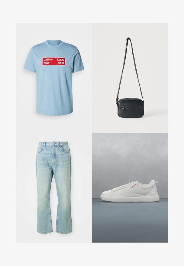 Calvin Klein Jeans BOX GRAPHIC TEE - Trükipildiga T-särk - smoke blue; Heledad sinise denimi laiendid teksad kõrge vöökohaga, mis sisaldavad viit taskut, vöörihmasid ja määrdunud pesu tekstuuri.; Valged spordijalatsid siledast nahast, ümar varvas, neli silmaauku, kerged perforatsioonid ja punane logo külje peal.; Must crossbody-kott esikülje luku tasku, tekstuurse pinnaga ja reguleeritava rihmaga, riputatud lihtsa heleda tausta vastu.