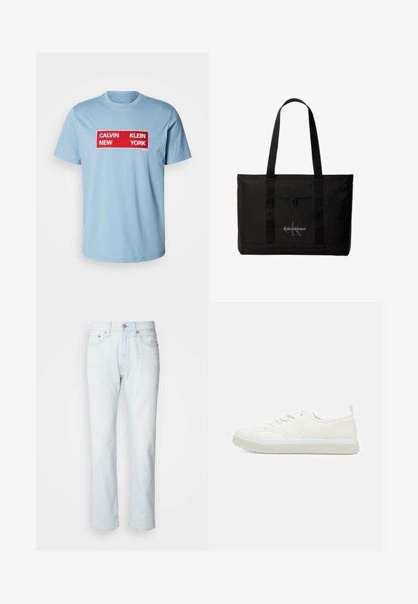 Calvin Klein Jeans BOX GRAPHIC TEE - Tričko s potlačou - smoke blue; Svetlomodré riflové nohavice so strihom rovného nohavice. Majú gombíkový uzáver a pútka na opasok, pričom preukazujú vyblednutú štruktúru a minimálne šitie.; Calvin Klein TOP LACE UP UNIFIT - Tenisky - salt bay; Čierna taška Calvin Klein typu tote s dvoma dlhými rúčkami a predným vreckom, s logom značky v bielej a sivej farbe.