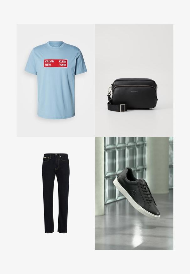 Calvin Klein Jeans BOX GRAPHIC TEE - Trükipildiga T-särk - smoke blue; Tumed sinised teksad sirge lõikega, nähtavad kontrastsete oranžide õmblustega ja klassikaline viie taskuga disain.; Must madala säärega toss, valge tallaga, paelte ja reljeefse logoga, esitletud klaasplokkide ja betoonpostide taustal.; Must musta rihmatu crossbody kott, millel on kaks lukuga sektsiooni, tekstureeritud viimistlus, reguleeritav rihm ja hõbedased detailid. Calvin Kleini logo on nähtav.