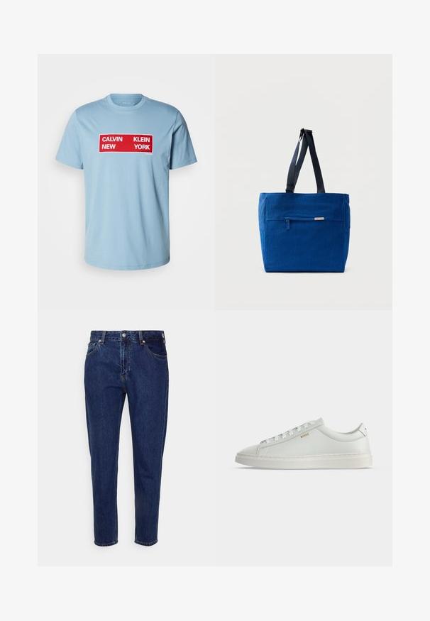Calvin Klein Jeans BOX GRAPHIC TEE - T-Shirt print - smoke blue; Dunkelblaue Jeans mit geradem Bein, vorderer Knopf- und Reißverschluss, Gürtelschlaufen sowie Vorder- und Gesäßtaschen.; Weißer Leder-Sneaker in niedriger Ausführung mit Schnürsenkeln, flacher Sohle und kleinem goldfarbenem "BOSS" Logo an der Seite, von der Außenseite betrachtet.; Blaue Canvas-Einkaufstasche mit einer vorderen Reißverschlusstasche, doppelten Schulterriemen und rechteckiger Form. Verfügt über ein dezentes Markenlabel.