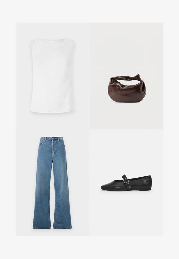 Débardeur blanc à coupe droite, texture douce et décolleté arrondi. L'ourlet est légèrement courbé, apportant une coupe décontractée.; Jeans large bleu clair à taille haute, dotés de poches avant et d'un zip, présentés sur un fond blanc.; Chaussure plate en cuir noir avec un bout arrondi, une seule sangle réglable à boucle et une texture lisse et brillante. Design minimaliste avec un petit talon.; Sac bandoulière en cuir marron foncé avec une forme souple et décontractée et une anse nouée torsadée sur un fond blanc uni.