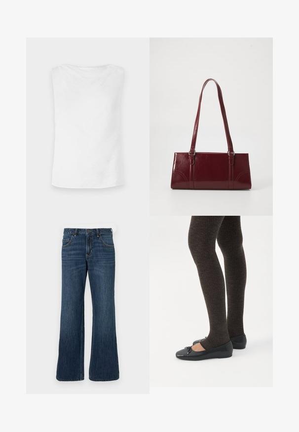 Débardeur blanc à coupe droite, texture douce et décolleté arrondi. L'ourlet est légèrement courbé, apportant une coupe décontractée.; Jean large bleu foncé avec une conception classique à cinq poches, doté d'une fermeture à bouton et de légères décolorations. Fabriqué en tissu denim.; Jambes portant des leggings côtelés foncés associés à des ballerines noires avec de petits détails en nœud sur fond blanc.; Sac à main bordeaux en matériau brillant, de forme rectangulaire, avec deux anses et des accents légèrement courbés à l'avant.