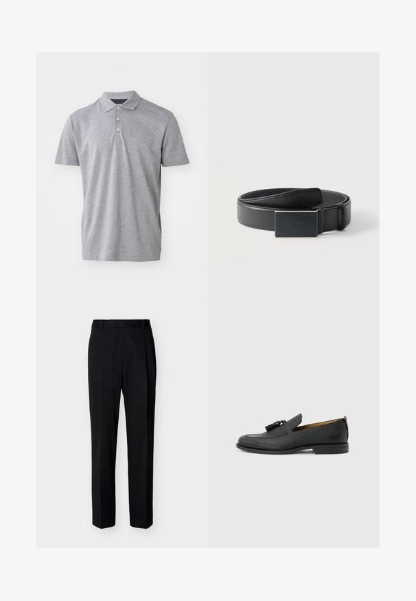 Polo de color gris claro hecho de una mezcla de algodón. Presenta un cuello clásico, una tapeta de tres botones y mangas cortas con un acabado texturizado.; Pantalones negros de corte recto hechos a medida, con presillas para cinturón y pliegue frontal, exhibidos sobre un fondo claro y liso.; Mocasín negro de cuero para hombre con borlas, punta redonda, tacón bajo y pestaña para tirar en la parte trasera, mostrado de perfil lateral sobre un fondo gris claro.; Cinturón de cuero negro enrollado con una hebilla rectangular negra mate y un logotipo en relieve discreto sobre un fondo blanco.