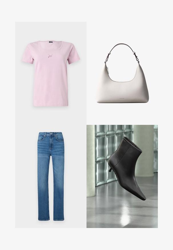 T-shirt en coton rose à manches courtes et décolleté en U, avec un petit logo "Joop!" en rose plus foncé sur le devant.; Jeans en denim bleu avec une coupe droite, comportant une fermeture par bouton et zip, cinq poches et un délavage subtil le long des jambes.; Bottine en cuir noir avec bout pointu et petit talon, présentée devant un mur en blocs de verre et un sol poli.; Sac à bandoulière en cuir couleur crème de Calvin Klein avec bord supérieur incurvé, fermeture éclair argentée et sangle ajustable brun foncé.