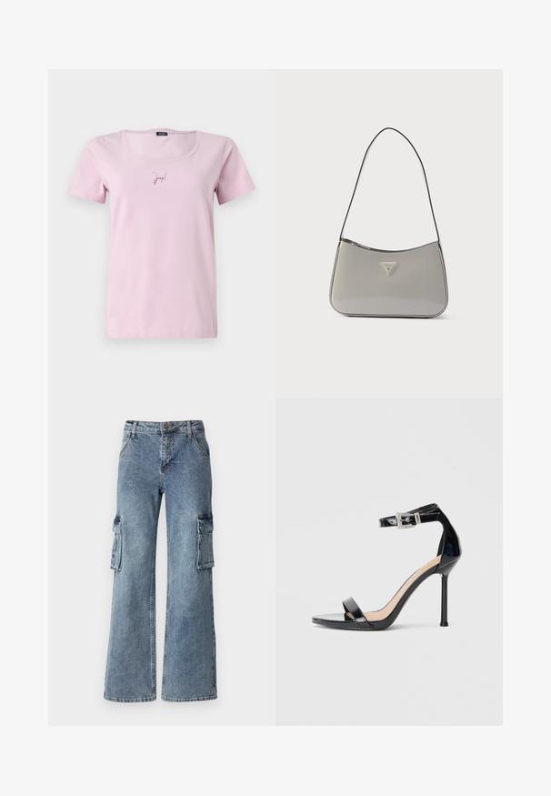 T-shirt en coton rose à manches courtes et décolleté en U, avec un petit logo "Joop!" en rose plus foncé sur le devant.; Pantalons cargo en denim bleu à jambes larges, dotés de poches latérales, d'une fermeture à bouton et de passants de ceinture. Le tissu présente un léger délavage avec des dégradés subtils.; Sandale à talon haut en cuir verni noir avec bride à la cheville. Présente un design minimaliste, un bout ouvert et une boucle ornée de strass.; Sac à bandoulière en cuir verni gris avec un design incurvé, une bordure noire et une plaque logo argentée à l'avant. Sangle réglable pour un port polyvalent.