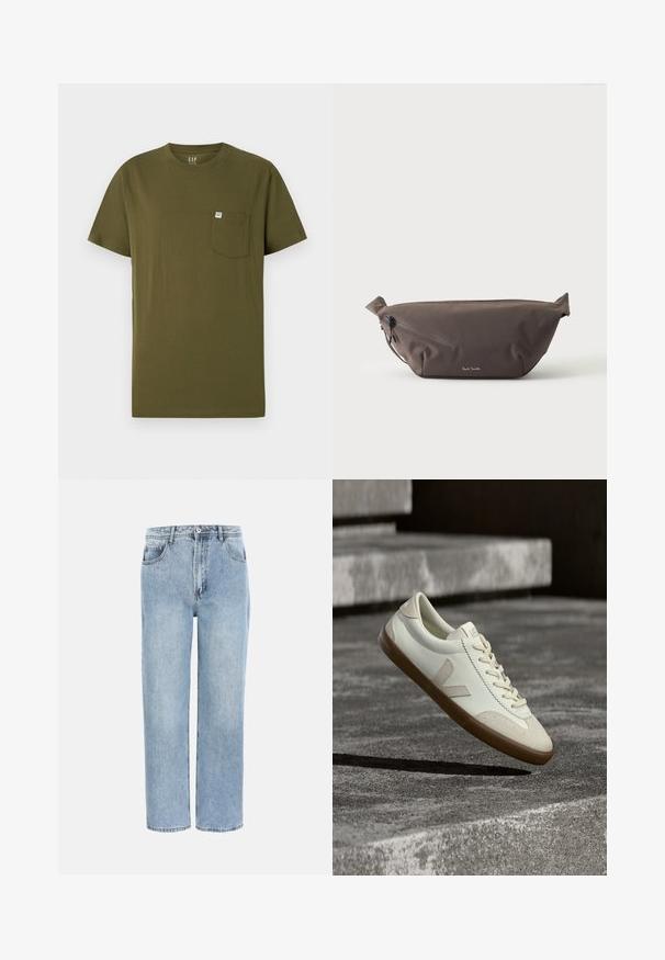 Olijf groene katoenen T-shirt met een ronde hals, korte mouwen en een linkse borstzak met een klein merkembleem. Glad oppervlak.; Lichtblauwe recht gesneden spijkerbroek met voorzakken, ceintuurlussen en knoopsluiting op een witte achtergrond.; Witte leren sneakers met een bruine rubberen zool, platte veters en een V-vormig accent aan de zijkant. Ze hebben een glad oppervlak en minimale stikdetails.; Donkerbruine stoffen heuptas met diagonale ritssluiting en klein wit logo aan de voorkant, tegen een effen lichte achtergrond.