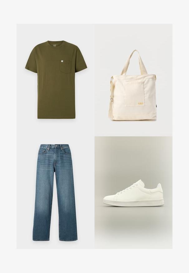 Olivenfarbiges Baumwoll-T-Shirt mit Rundhalsausschnitt, kurzen Ärmeln und einer Brusttasche auf der linken Seite, die ein kleines Markenetikett trägt. Glatte Textur.; Weite, dunkelblaue Denim-Jeans mit Knopfverschluss, Gürtelschlaufen und einem ausgewaschenen Textur. Mit fünf Taschen und Kontrastnähten.; Minimalistischer weißer Sneaker mit niedrigem Schaft und Schnürsenkeln, glattem Lederobermaterial und strukturiertem Gummisohlenprofil, präsentiert vor neutralem Hintergrund.; Beige Canvas-Shopper mit Fronttasche, zwei Griffen, verstellbarem Schulterriemen und kleinem gelbem "O.N.S"-Text unten rechts auf der Tasche.
