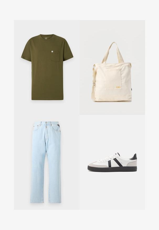 Olivenfarbiges Baumwoll-T-Shirt mit Rundhalsausschnitt, kurzen Ärmeln und einer Brusttasche auf der linken Seite, die ein kleines Markenetikett trägt. Glatte Textur.; Hellblaue Jeans aus Denim mit geradem Bein. Verfügt über einen Knopf- und Reißverschluss, fünf Taschen und kontrastierende Nähte.; Weiße Sneaker mit schwarz- und grau-aczenten, ausgestattet mit einer strukturierten grauen Zehenkappe, schwarzer Gummi-Sohle und flachen weißen Schnürsenkeln. Sauberes Design, minimalistische Stil.; Beige Canvas-Shopper mit Fronttasche, zwei Griffen, verstellbarem Schulterriemen und kleinem gelbem "O.N.S"-Text unten rechts auf der Tasche.