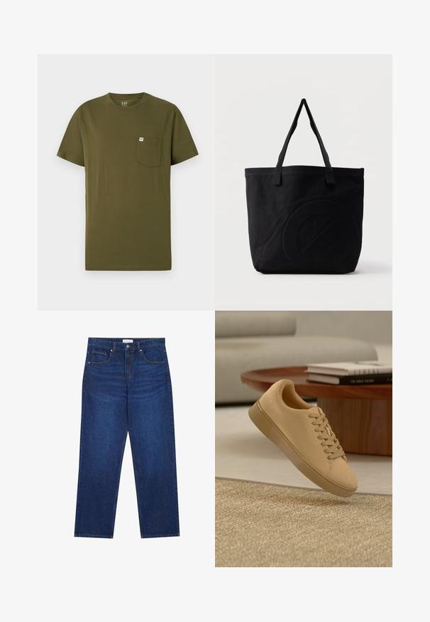 Olijf groene katoenen T-shirt met een ronde hals, korte mouwen en een linkse borstzak met een klein merkembleem. Glad oppervlak.; Donkerblauwe denim jeans met een rechte pijp, voorzien van een knoop- en ritssluiting, vijf zakken en zichtbare stikseldetails.; Beige vetersneaker die boven een gestructureerd tapijt zweeft, met een houten salontafel en gestapelde boeken op een wazige achtergrond.; Zwarte canvas tas met twee schouderbanden en een subtiel, ingebosseleerd cirkelvormig ontwerp aan de voorkant.