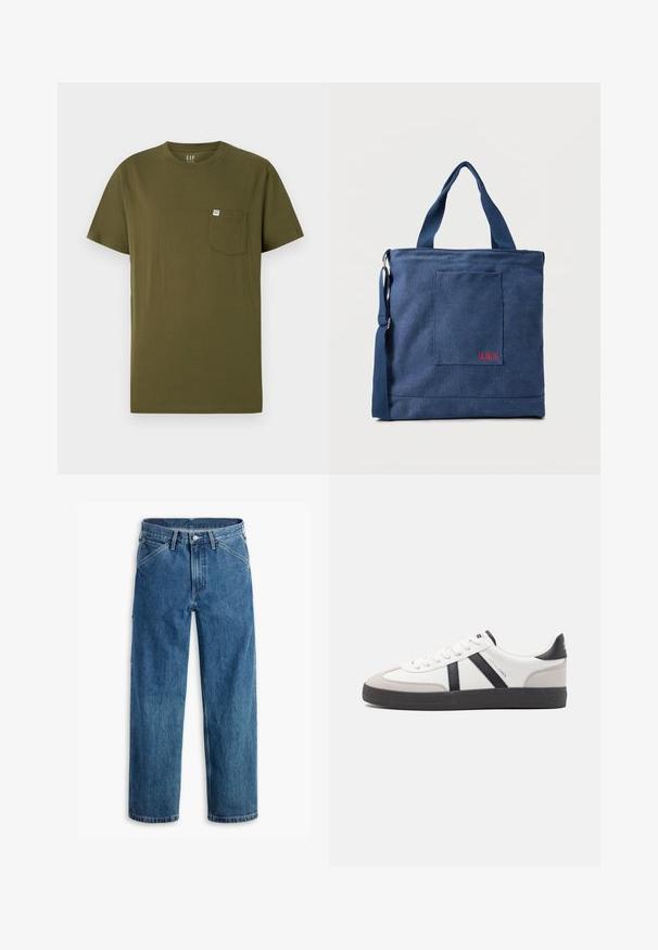 Olivenfarbiges Baumwoll-T-Shirt mit Rundhalsausschnitt, kurzen Ärmeln und einer Brusttasche auf der linken Seite, die ein kleines Markenetikett trägt. Glatte Textur.; Blaue Jeans mit geradem Bein, Vordertaschen, Gürtelschlaufen, Metallknopf und Reißverschluss auf weißem Hintergrund.; Weiße Sneaker mit schwarz- und grau-aczenten, ausgestattet mit einer strukturierten grauen Zehenkappe, schwarzer Gummi-Sohle und flachen weißen Schnürsenkeln. Sauberes Design, minimalistische Stil.; Blauer Canvas-Einkaufstasche mit Vordertasche und roter "O.N.S" Stickerei, ausgestattet mit zwei Griffen und einem verstellbaren Schulterriemen.