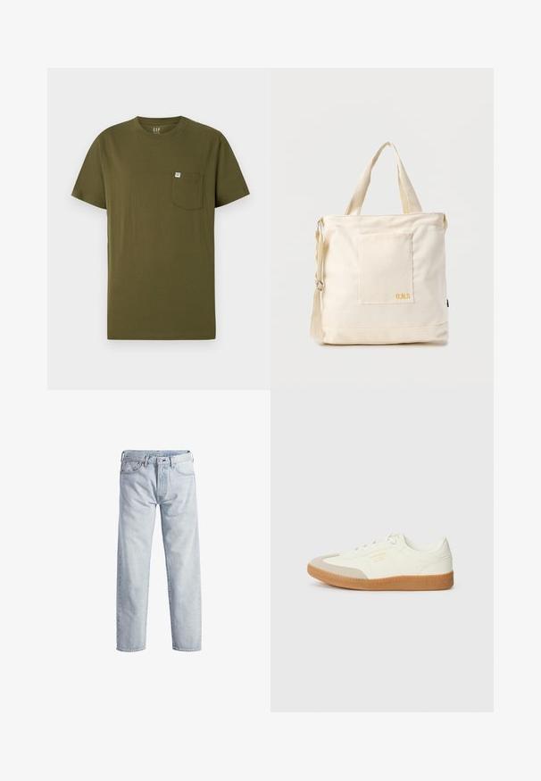Olivenfarbiges Baumwoll-T-Shirt mit Rundhalsausschnitt, kurzen Ärmeln und einer Brusttasche auf der linken Seite, die ein kleines Markenetikett trägt. Glatte Textur.; Hellblaue Denim-Jeans mit geradem Bein, Knopfleiste, fünf Taschen und subtilen Verwaschungen. Mit metallischen Hardware-Details ausgestattet.; Sneaker aus weißem Leder mit einer beigen Zehenkappe und leichter brauner Gummisohle. Verfügt über flache weiße Schnürsenkel und geprägtes Branding an der Seite.; Beige Canvas-Shopper mit Fronttasche, zwei Griffen, verstellbarem Schulterriemen und kleinem gelbem "O.N.S"-Text unten rechts auf der Tasche.