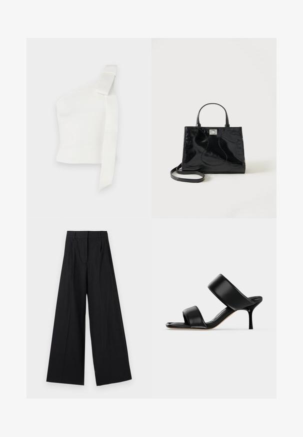 Asymmetrische witte top gemaakt van textuurstof. Heeft een enkele schouderband met een strikdetail, wat het moderne ontwerp benadrukt.; Zwarte wijde broek met een streeppatroon. Gemaakt van een glad materiaal, met een hoge taille en plooien aan de voorkant.; Zwarte leren mule sandaal met twee brede banden en een slanke, middelhoog stilettohak op een effen lichte achtergrond.; Zwarte handtas van lakleer met afgeronde handgrepen, een afneembare schouderriem en zilveren sluiting op een effen witte achtergrond.