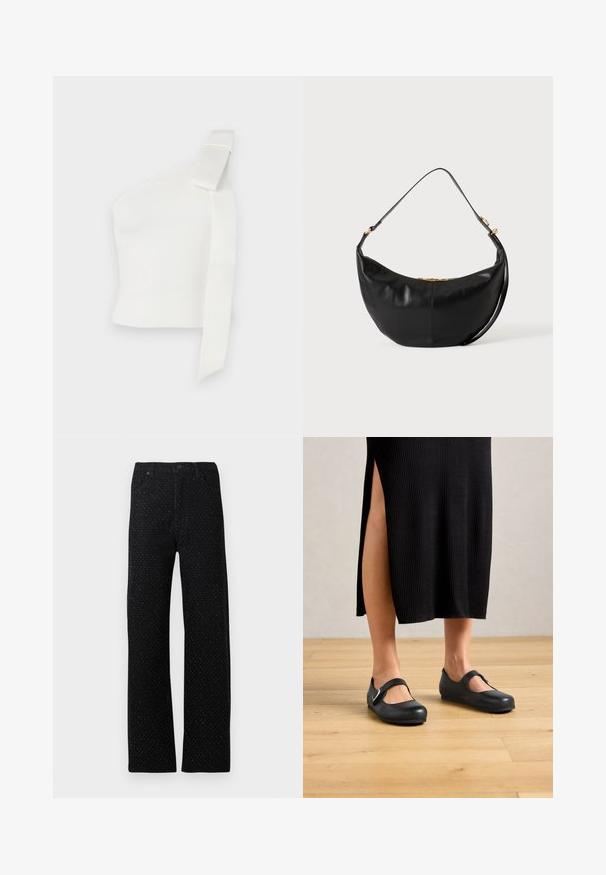Asymmetrisches weißes Oberteil aus strukturiertem Stoff. Verfügt über einen einzigen Schulterträger mit einer Schleife, die das moderne Design betont.; Schwarze Denim-Hose mit geradem Bein, das mit einem strukturierten Muster aus kleinen Punkten und fünf Taschen ausgestattet ist, einschließlich Vorder- und Rückentaschen.; Frau in einem schwarzen, gerippten Midikleid mit seitlicher Schlitze, die schwarze Mary-Jane-Ballerinas auf einem Holzboden trägt.; Schwarze, halbmondförmige Lederhandtasche mit einem Schulterriemen und goldenem Reißverschlussdetail auf einfarbigem Hintergrund.