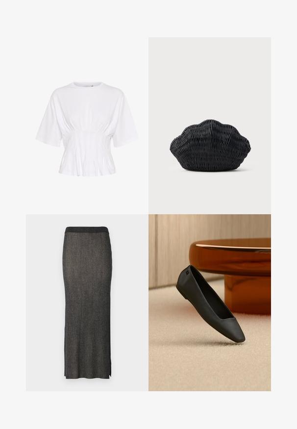 Haut blanc à manches courtes en tissu doux, avec un col rond et un détail froncé à la taille pour un look ajusté.; Jupe midi en tricot gris foncé avec des côtes verticales, une silhouette ajustée et des fentes à l'ourlet pour plus de liberté de mouvement. Tissu doux et texturé.; Chaussure plate noire à bout pointu reposant sur un tapis beige près d'une table ronde de couleur ambre dans un décor minimaliste.; Sac à main en osier noir en forme de coquille Saint-Jacques avec un dessus courbé et une texture tressée sur un fond uni.