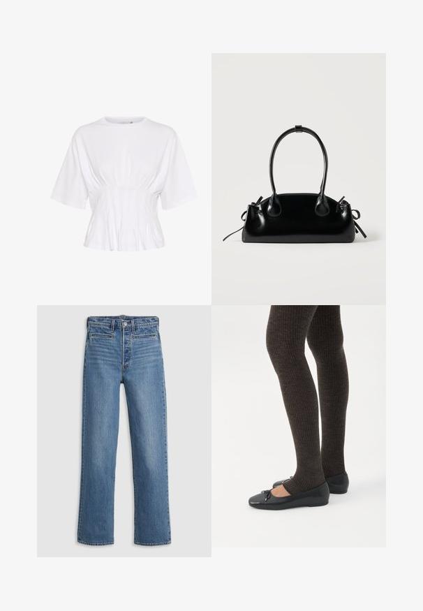 Haut blanc à manches courtes en tissu doux, avec un col rond et un détail froncé à la taille pour un look ajusté.; Jeans droit bleu clair en denim. Comprend une fermeture à bouton, cinq poches et un léger délavage. Pas d'ornements ni de motifs.; Jambes portant des leggings côtelés foncés associés à des ballerines noires avec de petits détails en nœud sur fond blanc.; Petit sac à main noir brillant avec deux longues anses et des détails à cordon sur les côtés sur un fond clair uni.