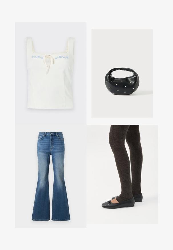 Λευκό αμάνικο crop top με τετράγωνο ντεκολτέ, δέσιμο μπροστά και λεπτή μπλε κεντητή διακόσμηση στο πάνω μέρος του στήθους.; Υψηλής μέσης, φαρδιά μπλε τζιν παντελόνια με ξεπλυμένη όψη, που διαθέτουν δύο μπροστινές τσέπες, κλείσιμο με κουμπί και ραφές με ραφές στα κοψίματα.; Πόδια με σκουρόχρωμα ριμπ κολάν συνδυασμένα με μαύρα μπαλαρίνα παπούτσια με μικρές λεπτομέρειες φιόγκων σε λευκό φόντο.; Μαύρη δερμάτινη τσάντα χειρός με στρογγυλεμένο σχήμα, διακοσμημένη με ασημένιες λεπτομέρειες με καρφιά και κοντή λαβή. Λείο υλικό και κλείσιμο με φερμουάρ.