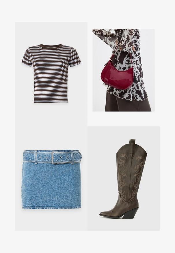T-shirt court à manches courtes rayé horizontalement marron et blanc avec un col rond sur fond uni.; Abercrombie & Fitch CLASSIC BELTED SCARLETTE MINI SKORT - Jupe en jean - blue denim; Botte de cowboy en cuir marron avec un embout pointu, un talon compensé et des broderies décoratives. Dispose d'un long tige et d'une languette de tirage.; Femme portant un chemisier à motif noir et blanc tenant un sac à main rouge brillant sur un fond uni.