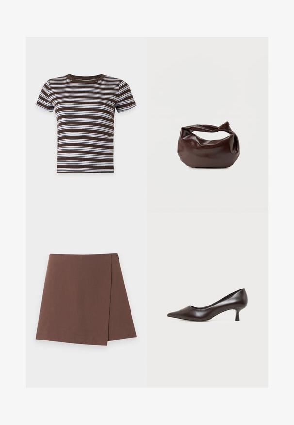 T-shirt court à manches courtes rayé horizontalement marron et blanc avec un col rond sur fond uni.; Jupe trapèze marron avec un léger détail de superposition à l'avant, en tissu lisse, présentée sur un fond uni clair.; Escarpin en cuir marron foncé à bout pointu avec petit talon incurvé sur fond blanc.; Sac bandoulière en cuir marron foncé avec une forme souple et décontractée et une anse nouée torsadée sur un fond blanc uni.