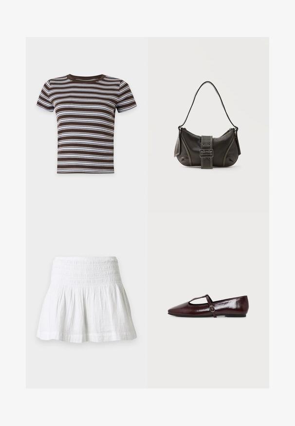 T-shirt court à manches courtes rayé horizontalement marron et blanc avec un col rond sur fond uni.; Mini-jupe en coton blanc avec taille élastiquée smockée et ourlet évasé froncé sur fond uni.; Chaussure plate en cuir bordeaux foncé avec un bout pointu et une fine bride en T avec une boucle argentée sur fond blanc.; Sac à épaule en cuir noir avec une sangle à boucle, des bords arrondis et des coutures blanches contrastées sur un fond uni.