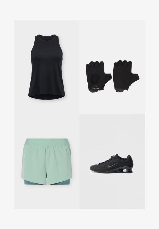 Débardeur noir sans manches avec col montant et ourlet légèrement arrondi, présenté sur un fond plat gris clair.; Shorts de sport superposés vert menthe avec une large ceinture et une couche intérieure de compression visible sous le tissu extérieur.; Baskets Nike noires avec une tige texturée, arborant un design élégant, une fermeture à lacets, et une unité d'air visible au talon. Accent de marque minimaliste.; Gants sans doigts noirs avec un design texturé. Fabriqués en matériau respirant, dotés d'un trou pour le pouce et d'une paume renforcée pour une meilleure prise.