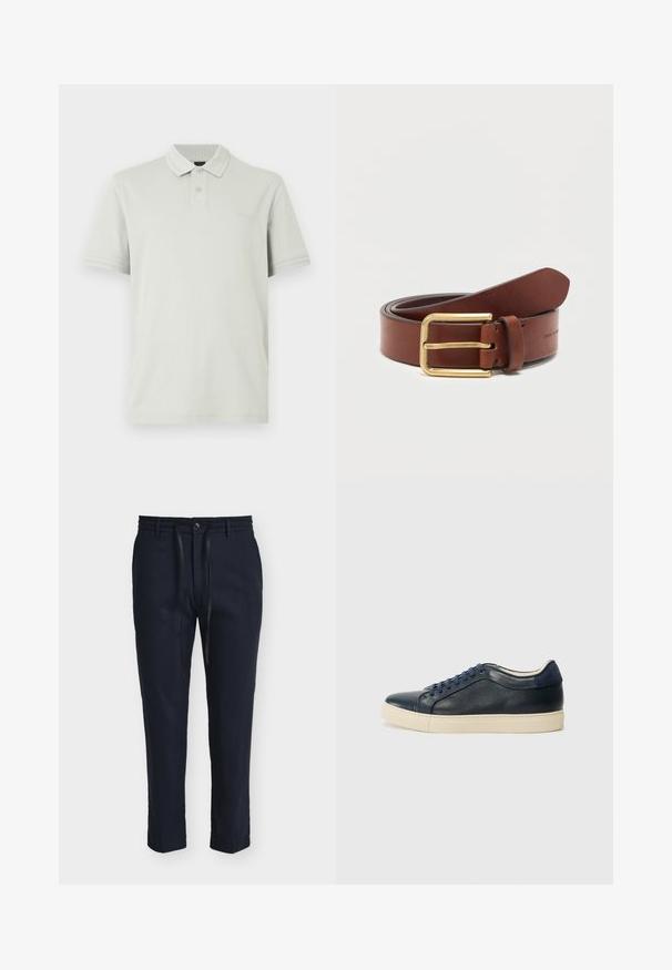 Polo gris clair en coton avec col, patte à deux boutons et finitions côtelées sur le col et les manches. Logo brodé sur le devant.; Pantalon homme bleu marine ajusté avec passants de ceinture, bouton sur le devant, fermeture éclair et cordon noir sur fond blanc.; Baskets en cuir bleu marine avec semelle en caoutchouc crème, dotées de lacets bleus et d'une texture lisse. Bout arrondi et design minimaliste.; Ceinture en cuir marron avec boucle rectangulaire dorée, roulée sur un fond blanc uni.