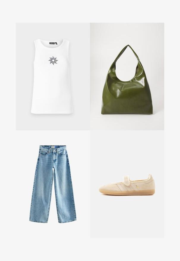 Hvid ribbet tanktop med rund halsudskæring og en broderet solmotiv i sort på fronten. Enkel design, afslappet pasform.; Next RIGID WIDE LEG - Flared jeans - mid blue; Beige ruskind Mary Jane sneaker med velcrolukning, gummisål, tre syede striber og gyldent "SAMBA" branding på siden.; Grøn læder hobo taske med en slouchy design, buet håndtag og glat tekstur. Indeholder ingen synlig hardware eller accenter.