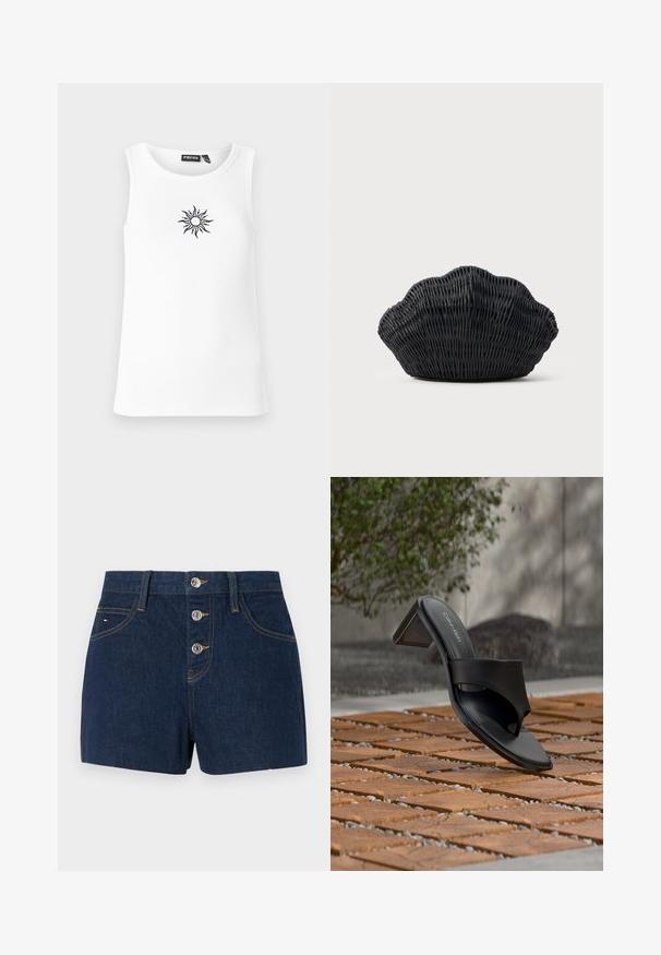 Weißes, geripptes Tanktop mit rundem Ausschnitt und einem schwarzen, gestickten Sonnenmotiv auf der Vorderseite. Einfaches Design, lässige Passform.; Dunkelblaue Jeansshorts mit hoher Taille, ausgestattet mit drei metallischen Knöpfen, Taschen auf der Vorderseite und kontrastierendem gelben Nähgarn.; Schwarze Calvin Klein Sandale mit Absatz und Zehenschlaufe auf einem Holzkachelfußboden im Freien neben einem Baum und einer Steinmauer.; Schwarze Korbtasche in Muschelform mit gebogenem Oberteil und gewebter Textur auf einfarbigem Hintergrund.