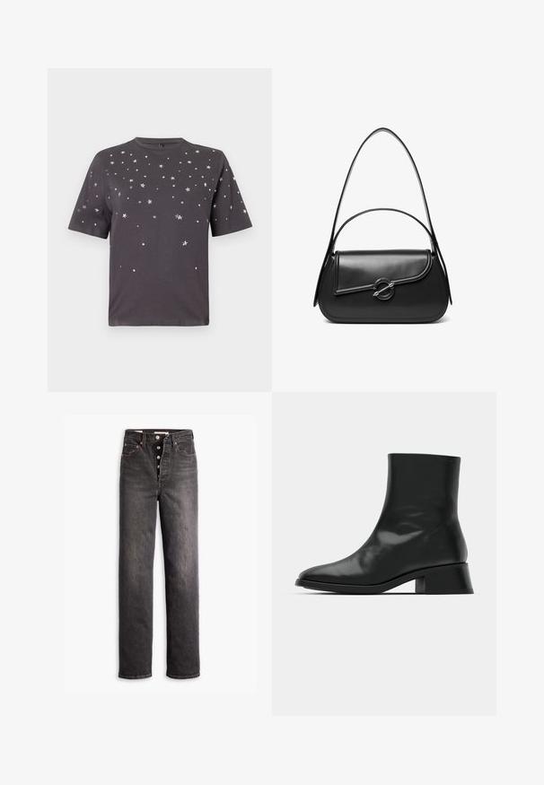 T-shirt à manches courtes gris foncé avec des petites étoiles en argent et des embellissements en points dispersés sur le devant et les manches.; Jean noir taille haute avec une coupe droite, fabriqué en denim. Il comporte un bouton de fermeture, des accents en cuivre et des coutures contrastées.; Bottine noire en cuir brillant, au design épuré, avec un bout pointu et un petit talon bloc pour plus de stabilité.; Sac à bandoulière en cuir noir avec un rabat incurvé fermé par un fermoir métallique rond et une sangle fine et ajustable.
