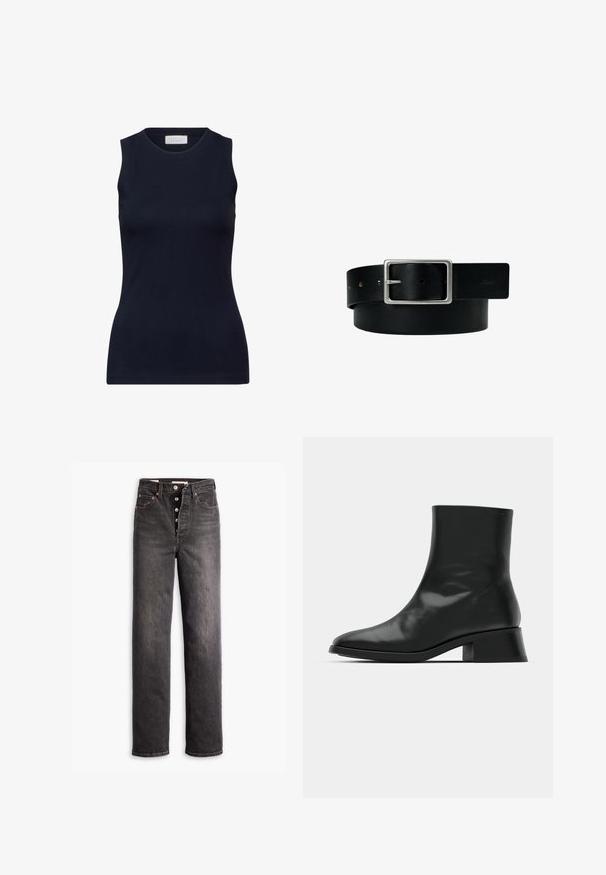 Marineblå ærmeløs top lavet af glat bomuld, med en rund halsudskæring og en tætsiddende pasform uden pynt. Afslappet og alsidig.; Sorte højtaljede jeans med lige ben-design, lavet af denim. Features en knaplukning, kobberdetaljer og kontrastsyninger.; Sort ankelstøvle lavet af blank læder, med et strømlinet design, spids tå og en moderat blokhælhøjde for stabilitet.; Sort læderbælte med sølv rektangulært spænde og flere justeringshuller, lagt fladt på en hvid baggrund.