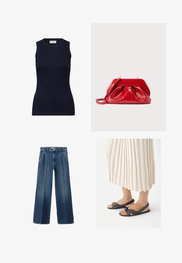 Haut sans manches en coton lisse, de couleur marine, avec un col rond et une coupe ajustée sans embellissements. Décontracté et polyvalent.; Jean denim bleu à jambes larges avec une taille haute, doté de poches avant, d'une fermeture à boutons et d'un léger effet délavé sur le tissu.; Pieds portant des sandales marron foncé à bride arrière avec des bretelles croisées, assorties à une longue jupe plissée de couleur crème.; Pochette en cuir rouge avec un fermoir doré, des détails froncés, et une fine sangle attachée, sur un fond clair.