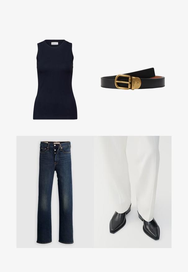 Marineblå ærmeløs top lavet af glat bomuld, med en rund halsudskæring og en tætsiddende pasform uden pynt. Afslappet og alsidig.; Mørkeblå denimjeans med lige ben, fem lommer, knapgylp og diskret falmning ved lårene. Klassiske syningsdetaljer.; Sorte spidse ankelstøvler med en glat læderoverflade, lave blokhæle, og parret med hvide brede bukser. Enkel og moderne design.; COACH Bælter - black/saddle