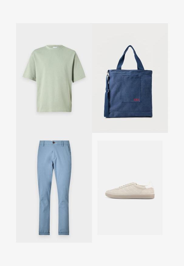 Lys grøn bomuld t-shirt med rund halsudskæring og korte ærmer. Stoffet har en glat tekstur og er uden mønstre.; Lyseblå bukser lavet af vævet stof, med knaplukning og standardlommer, med en tætsiddende pasform og manchetter ved bunden.; Beige ruskindssneaker med en tekstureret overdel, glat hvid hælkappe, tynde snørebånd og en gummi-ydersål. Har et lavt profil design.; Blå lærredstote taske med frontlomme og rød "O.N.S" broderi, med to håndtag og en justerbar skulderrem.