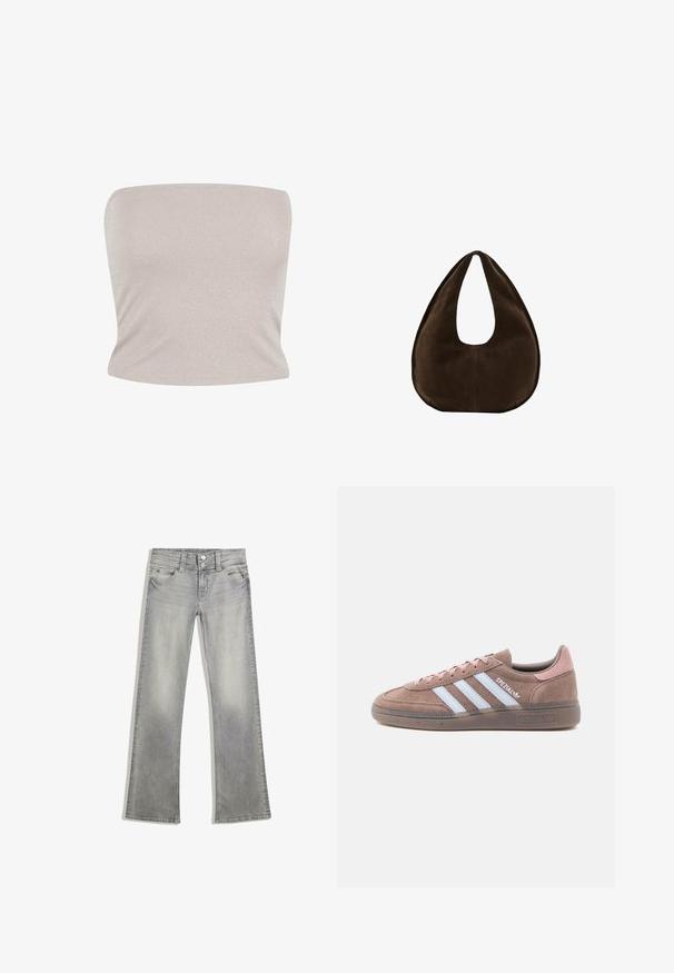 Bandeau top i lys beige strikket stof med subtil glans, der har en tætsiddende design og glat tekstur, med en lige udskæring.; Grå denim flared jeans med en afdæmpet finish, der har en knaplukning, fem lommer og syet detaljering langs taljebåndet og kanten.; Brun ruskindssneaker med lyserøde accenter, der har tre hvide striber, en tekstureret sål og rund tå.; Mørkebrun ruskind skuldertaske formet som en halvmåne med en bred rem og glat tekstur på en hvid baggrund.