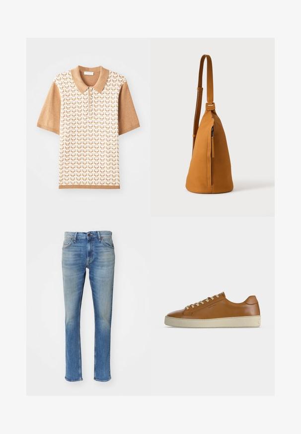 Kurzarm-Polohemd mit einem beigen strukturierten Muster, hellbraunem Kragen und Bündchen, ausgestattet mit drei Knöpfen und geometrischen Designs.; Helle blaue Jeans im geraden Schnitt mit Reißverschluss, fünf Taschen und einer leicht verwaschenen Textur.; Brauner Low-Top-Ledersneaker mit cremefarbenen Schnürsenkeln und dicker cremefarbener Gummisohle, seitlich auf weißem Hintergrund dargestellt.; Hellbraune Leder-Umhängetasche mit verstellbarem Trageriemen und vertikaler Reißverschlusstasche, von der Seite vor hellem, einfarbigem Hintergrund gezeigt.