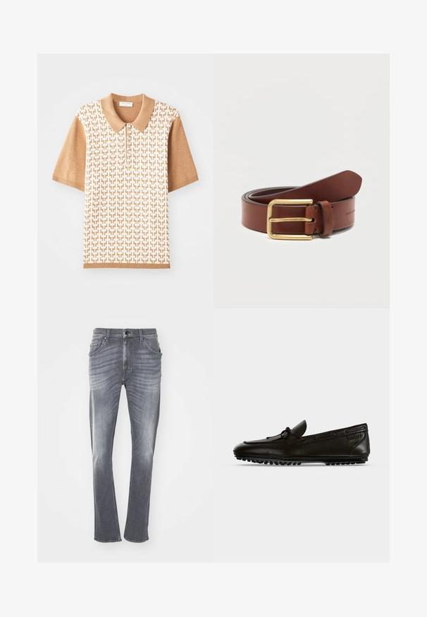 Polo de manga corta con un patrón texturizado beige, cuello y puños en marrón claro, con tres botones y diseños geométricos.; Pantalones vaqueros de denim gris con corte recto, con una textura desvaída, cinco bolsillos y presillas para cinturón. Dobladillo cosido y cierre clásico de botón.; Mocasín de conducción de cuero negro con detalle de lazo en la parte superior y suela de goma con pezones, mostrado de lado sobre fondo liso.; Cinturón de cuero marrón con hebilla rectangular dorada, enrollado sobre un fondo blanco liso.