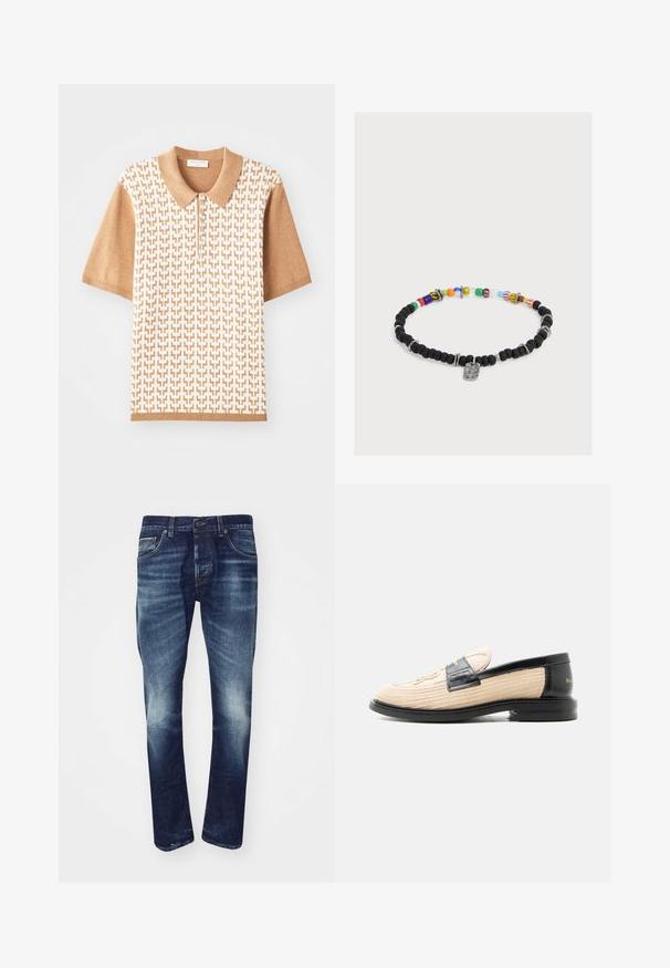 Polo de manga corta con un patrón texturizado beige, cuello y puños en marrón claro, con tres botones y diseños geométricos.; Jeans de mezclilla azul oscuro para hombre con un acabado desgastado, diseño de pierna recta, cinco bolsillos y cierre de botón metálico en la cintura.; Mocasín beige tejido con ribete de cuero negro, puntera redondeada, suela negra y patrón decorativo cosido en la parte superior.; Pulsera de cuentas con cuentas negras mate, cuentas de vidrio de colores, detalles en plata y un pequeño charm rectangular de plata en el centro.