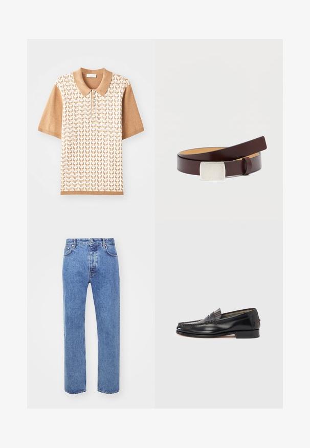 Kortearmpolo met een beige textuurpatroon, lichtbruine kraag en manchetten, met drie knopen en geometrische ontwerpen.; Won Hundred STEVE - Relaxed fit jeans - cut blue; Zwarte leren loafers met een mocassin-stijl ontwerp, voorzien van een decoratieve band en stiksel detail op het bovenwerk. Lage blokhak.; Bruine leren riem met een rechthoekige zilveren gesp, gladde textuur en een contrasterende lichtere binnenvoering. Eenvoudig, klassiek ontwerp.